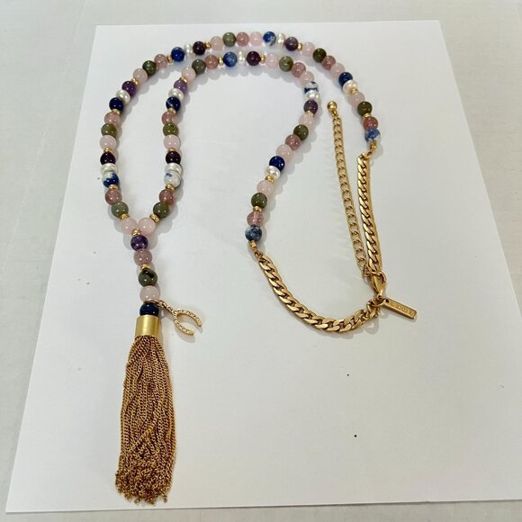 White House Black Market Semi Precious Beaded Tassel Necklace Gold Wishbone Luck - Picture 12 of 15